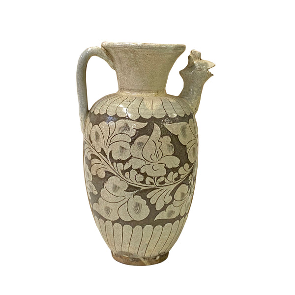 Chinese Cizhou Ware Ceramic Tan Underglaze Flower Bird Vase Jar ws2942S