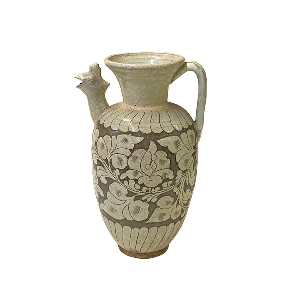 Chinese Cizhou Ware Ceramic Tan Underglaze Flower Bird Vase 
