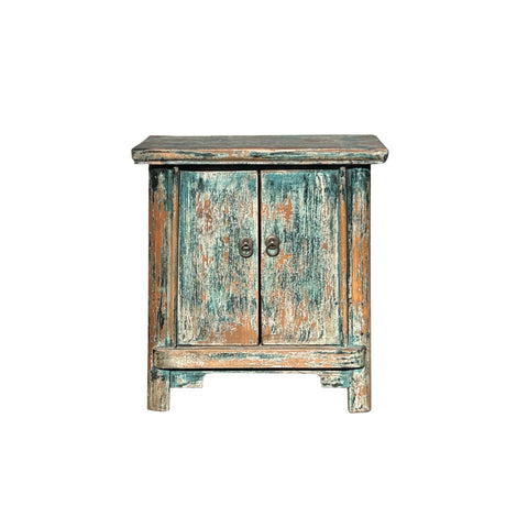 16.25" Oriental Distressed Teal Blue 2 Doors End Table Nightstand Chest ws4413S