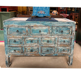 Distressed Turquoise Blue Stone Top 11 Drawers Credenza Sideboard Cabinet ws4463S