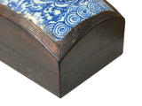 Chinese Old White Base Blue Scroll Flowers Porcelain Brown Wood Box ws3881S