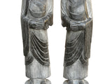 Pair Black Gray Stone Carved Standing Monk Arhat Lohan Statues ws4335PS