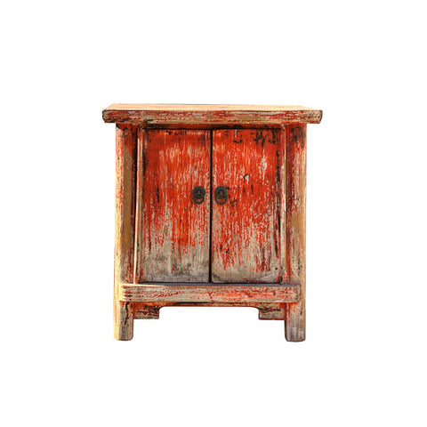 16.25" Oriental Distressed Orange Red 2 Doors End Table Nightstand Chest ws4447S