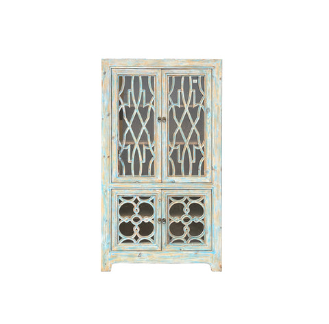 Distressed Aqua Blue Latticework Glass Doors China Bookcase Cabinet cs1335S