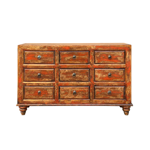 Orange Brown Rustic Vintage 9-Drawer Wooden Dresser – Distressed Farmhouse Storage Cabinet cs1977S