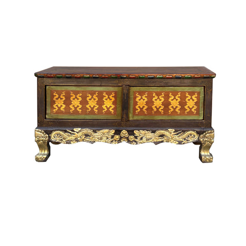 Four Side Carving Painted Vintage Tibetan Low Table Cabinet - Handcrafted Coffee Table cs975S