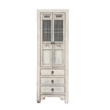 Distressed Off White Narrow Wood Carving Shutter Doors Storage Cabinet cs7482S