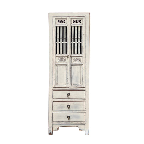 Distressed Off White Narrow Wood Carving Shutter Doors Storage Cabinet cs7482S