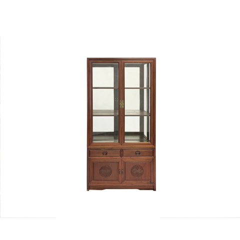 Chinese Vintage Solid Wood Brown Glass Display Bookcase Curio Cabinet ws3887S