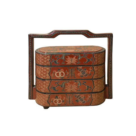 Chinese Brick Red Lacquer Color Treasure Graphic Stack Box Basket ws3893S