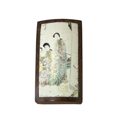 Chinese Old White Base Color People Graphic Porcelain Brown Wood Box ws3897S