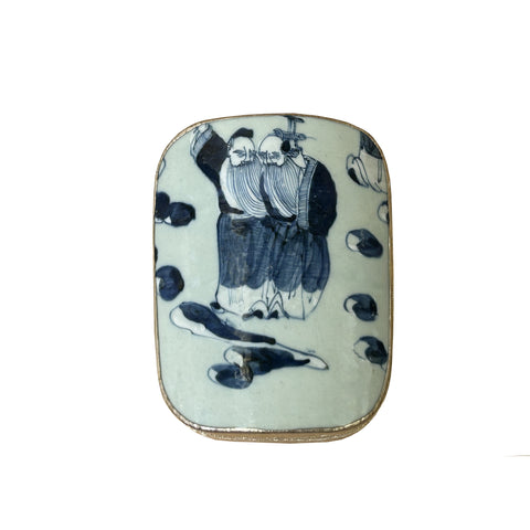 Chinese Old White Base Blue OldMan Graphic Porcelain Art Pewter Box ws3923S