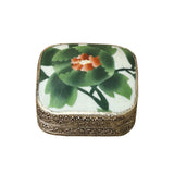 3.5" Chinese Old White Base Pink Flower Graphic Porcelain Art Pewter Box ws3947S