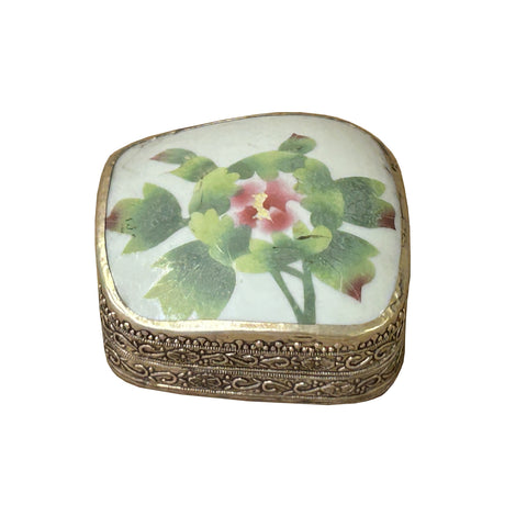 3.5" Chinese Old White Base Pink Flower Graphic Porcelain Art Pewter Box ws3950S