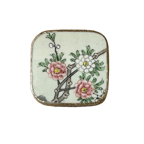 3.5" Chinese Old White Base Pink Flower Graphic Porcelain Art Pewter Box ws3961S