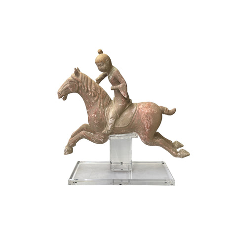 Chinese Vintage Terracotta Clay Man Riding Horse Figure Display Art ws3969S