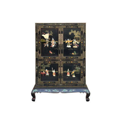 Vintage Chinoiseries Black & Stone Inlay Graphic Credenza Storage Cabinet ws3989S