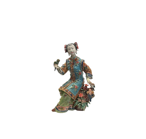 Chinese Porcelain Qing Style Dressing Birds Flower Sitting Lady Figure ws4046S