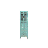 Distressed Turquoise Blue Slim Wood Carving Shutter Doors Storage Cabinet ws4051S