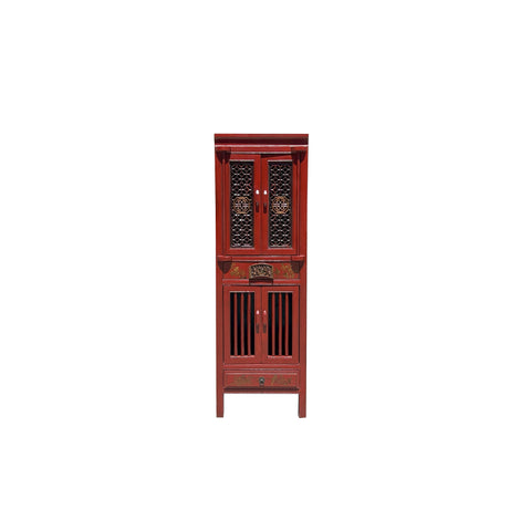 Distressed Brick Red Slim Wood Carving Shutter Doors Storage Cabinet ws4060S