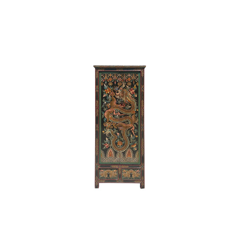 Chinese Tibetan Dragon Flower Graphic Tall Slim Wardrobe Cabinet ws4061S