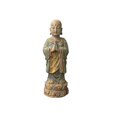 Chinese Rustic Wood Standing Prayer Hands Lohon Monk Statue ws4166S