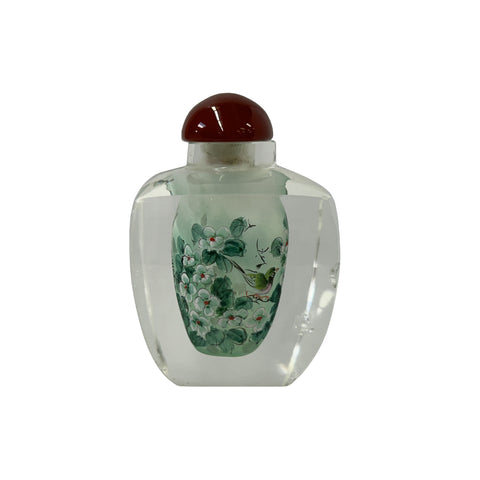 Chinese Inside Green White Flower Bird Graphic Glass Art Bottle ws4168S