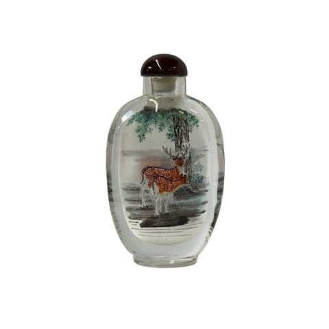 Chinese Inside Oriental Tree Deers Graphic Glass Art Bottle ws4169S