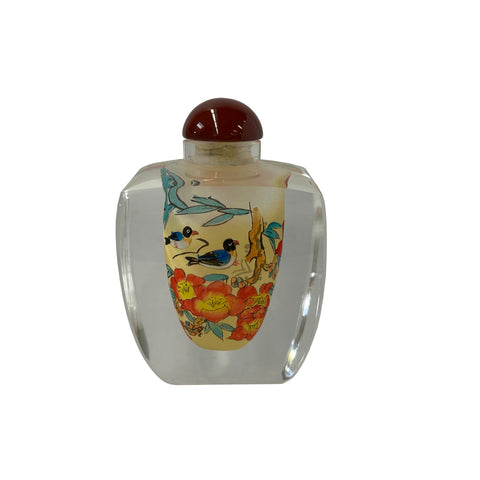 Chinese Inside Oriental Orange Flower Ducks Graphic Glass Art Bottle ws4175S