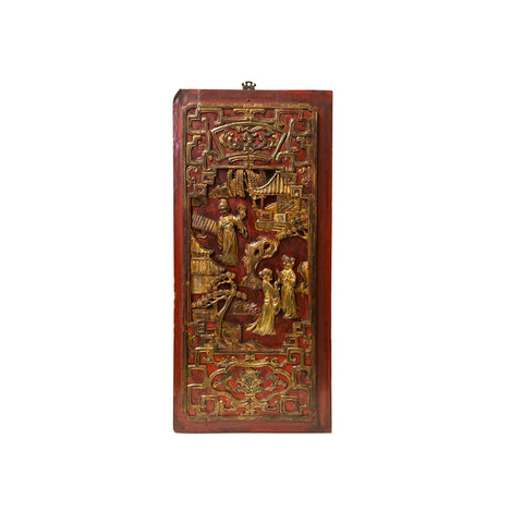 Chinese Vintage Wood Red Golden Relief Carving Wall Hanging Art Plaque ws4176S