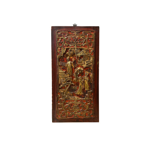 Chinese Vintage Wood Red Golden Relief Carving Wall Hanging Art Plaque ws4180S