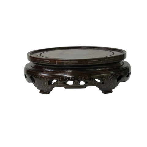 6" Oriental Wire Inlay Brown Wood Round Table Top Display Stand Riser ws4183S