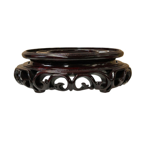 8" Reddish Brown Wood Round Flower Scroll Pattern Display Stand Riser ws4189S