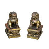 Pair Chinese Light Brown Copper Metal Foo Dog Lion Fengshui Figures ws4201S