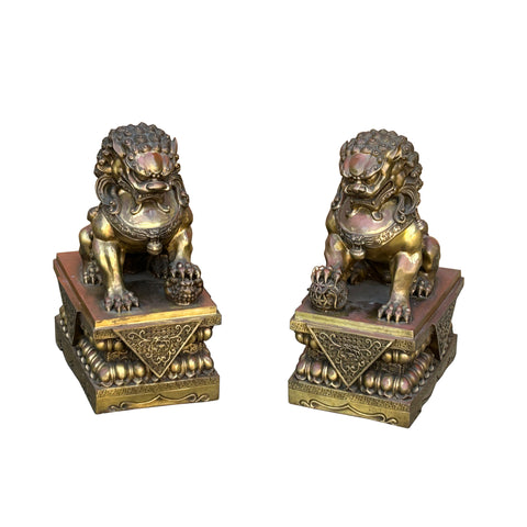 Pair Chinese Light Brown Copper Metal Foo Dog Lion Fengshui Figures ws4201S