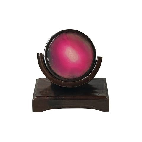 3.5" Set of 5 Hot Pink Stone Round Wood Frame Coaster w Rack ws4242S