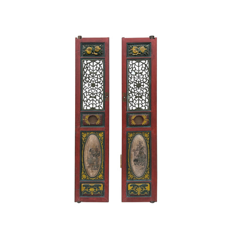 Pair Vintage Red Green Yellow Fujian Relief Carving Door Panels ws4270S