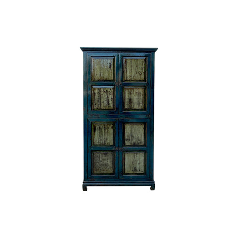 Distressed Teal Blue Rim Olive Green Doors Tall Armoire Storage Cabinet ws4317S