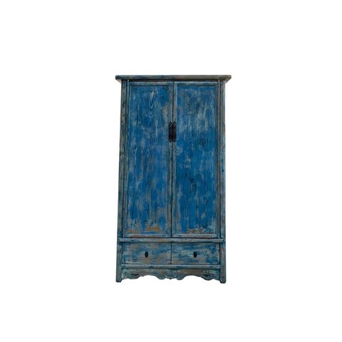 Distressed Bright Blue Tall Oriental Noodle Cabinet Storage Armoire ws4322S