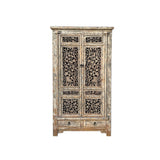 Distressed Gray White See-Through Floral Carving Doors Storage Cabinet ws4323S