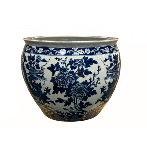 Chinese Crackle Base Blue White Double Dragon Peony Porcelain Pot ws4328S