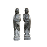 Pair Black Gray Stone Carved Standing Monk Arhat Lohan Statues ws4335PS