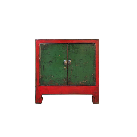 Vintage Distressed Chinese Red Rim Green Doors Side Table Cabinet ws4336S