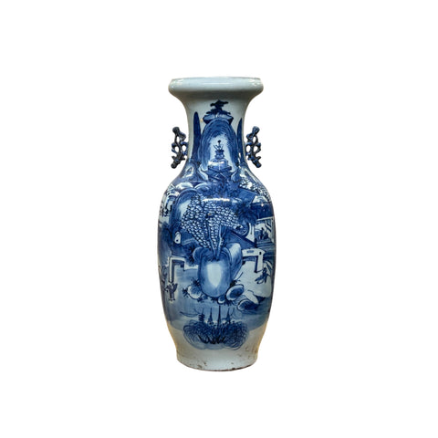 23.5" Vintage Blue White Scenery Porcelain Ru Yi Ear Art Vase ws4361S