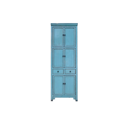 Distressed Turquoise Aqua Blue Tall Slim Shelves Drawers Storage Cabinet ws4366S