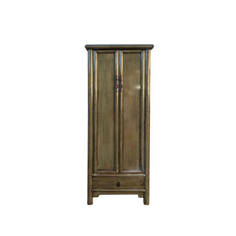 Oriental Distressed Mid Olive Green Tall Narrow Noodle Cabinet Armoire ws4367S