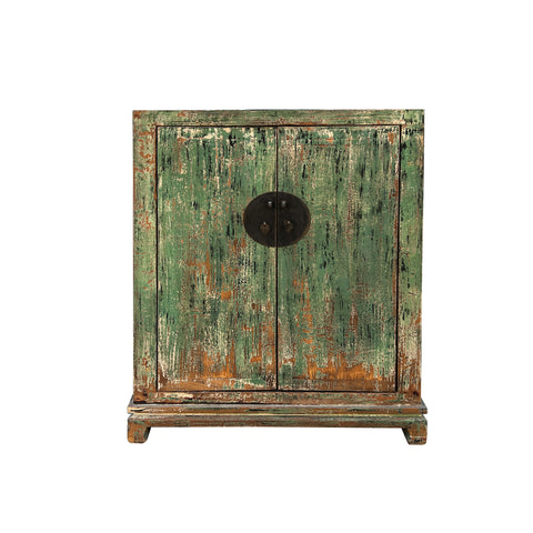 Distressed Teal Green Marks Moon Face Slim Credenza Side Cabinet ws4372S