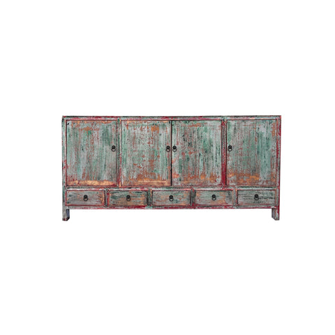 Distressed Refinished Light Teal Green Red Marks Credenza Console Cabinet ws4382S