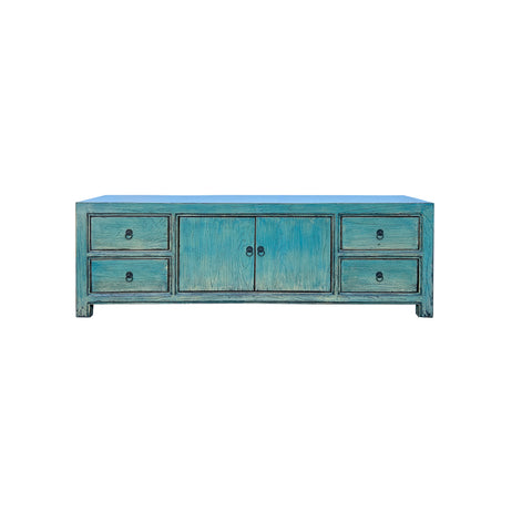 Oriental Distressed Light Turquoise Blue Low TV Media Console Cabinet ws4387S