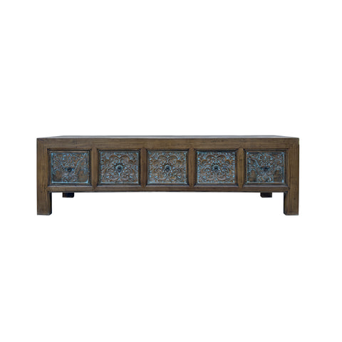 Brown Solid Wood Flower Carving 5 Drawers Blue Marks Low TV Stand Cabinet ws4388S